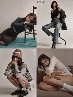 four different photos of women in hats and clothes sitting on chairs, one with her hand on her chin