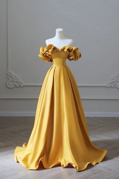 Off the Shoulder Yellow Satin Long Prom Dresses Prom Dresses Simple, Graduation Party Dresses, A Line Evening Dress, Yellow Satin, فستان سهرة, A Line Prom Dresses, Glam Dresses, Evening Party Dress, Party Dress Long