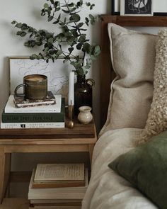 a bed with two books and a plant on top of it next to a nightstand