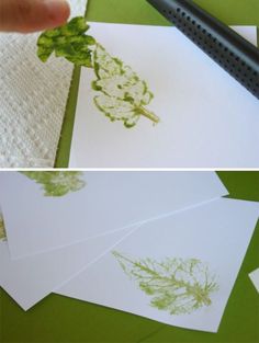 four pictures showing how to make pressed leaves with scissors and paper napkins on the table