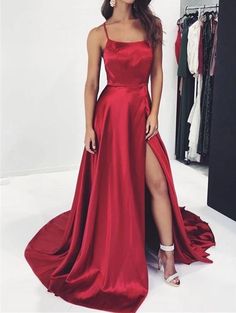 Cheer Dress, Prom Dress Evening, Spaghetti Strap Prom Dress, Prom Dresses Two Piece, Evening Party Gowns, Gowns Prom, Red Prom, Satin Prom Dress