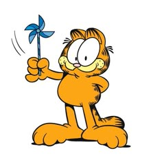 garfield the cat holding a blue pinwheel in one hand and pointing it at something