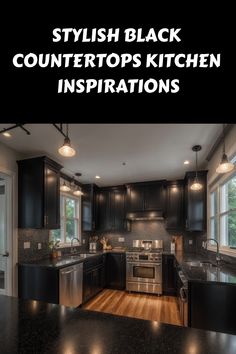 Stylish black kitchen with countertops and modern appliances. Kitchen Dark Countertops, Kitchen Countertops Modern, Black Countertops Kitchen, Kitchen Cabinet Color Schemes, Modern Kitchen Trends, Black Kitchen Design, Countertops Ideas