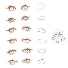 the steps to draw an anime character's eyes with different shapes and sizes, including one