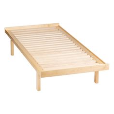 a wooden bed frame with no sheets on it