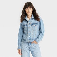 Women's Studded Denim Trucker Jacket - Universal Thread™ Blue L Womens Tailored Suit, 90s Baggy, Studded Denim, Denim Trucker Jacket, Womens Tie, Tailored Suits, Trucker Jacket, Long Sleeves Jacket, Cropped Denim