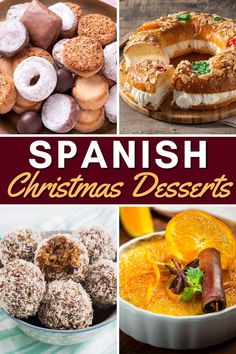 several different types of christmas desserts with the words spanish on top and below them