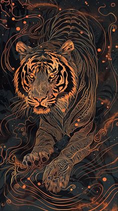 a tiger is walking through the water with orange and black swirls on it's body