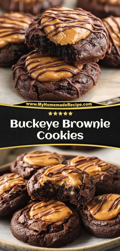 chocolate brownie cookies with caramel drizzle on top and the words buckeye brownie cookies above them