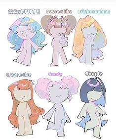 four different types of ponies are shown in this cartoon character's drawing style