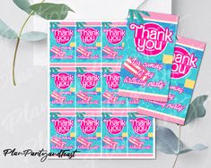 thank you stickers with pink and blue background