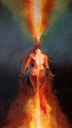 a painting of a woman with fire coming out of her body