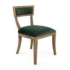 a wooden chair with green velvet upholstered seat and back cushion on an isolated white background