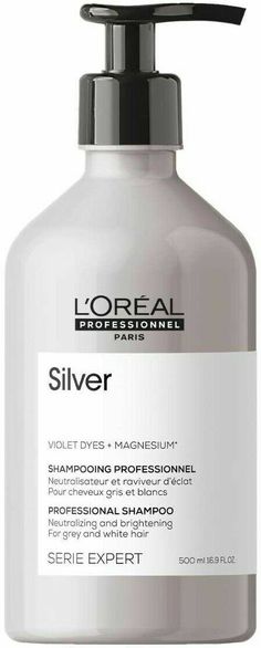 Serie Expert Shampoo Champu SilveR Violet Dyes + Magnesium 500ML LoreaL Champú SilveR  L'Oreal Professionel Silver shampoo is indicated for gray or white hair. Thanks to this L'Oréal shampoo, gray or white hair will reduce the yellowish tone, will have more shine and softness and will enhance its natural tone.   APPLICATION Distribute on wet hair and emulsify. Rinse carefully. Proceed to two applications if necessary.   TECHNOLOGY: VIOLET DYES + MAGNESIUM Its technology enhances gray or white ha Best Silver Shampoo, Silver Hair Shampoo, Wow Hair Products, Shampoo For Damaged Hair, Silver Shampoo, Dry Brittle Hair, White Hair Color, Shampoo And Conditioner Set, Silver Hair Color