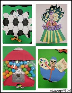 four pictures of different things made out of paper and plastic bags, including an egg carton