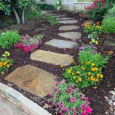 a garden with flowers and stepping stones