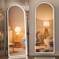 two mirrors that are next to each other in a room with furniture and lighting on them