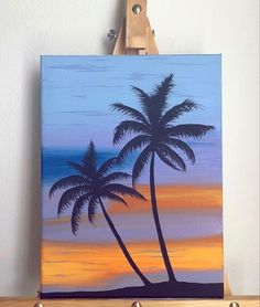 a painting of two palm trees in front of an orange and blue sunset