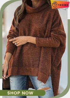 Effortless and Classy Shirt Loose Turtleneck Sweater, Bat Sleeve, Stylish Sweaters, Fuzzy Sweater, Brown Sweater, Cute Sweaters, Fall Sweaters, Winter Sweaters, Fashion Colours