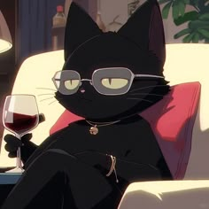 a black cat wearing glasses sitting on a chair with a glass of wine in front of it