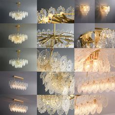 multiple images of chandeliers and lights in various styles, sizes and colors are shown