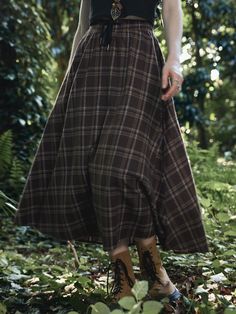 Drawstring Waist Tartan Skirt, School Chocolate Brown Casual   Fabric Plaid A Line Non-Stretch  Women Clothing, size features are:Bust: ,Length: ,Sleeve Length: Floor Length Skirt Outfit Casual, Brown Tartan Skirt Outfit, Vintage Plaid Skirt, Long Cute Skirts, Laura Ashley Clothing, Tartan Clothing, Tartan Skirt, Women Bottoms, Spring Skirts