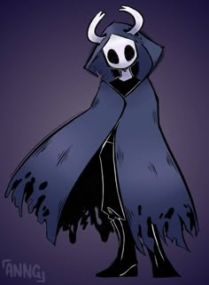 a drawing of a skeleton wearing a blue cape with horns on it's head