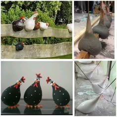 there are many different pictures of chickens on display