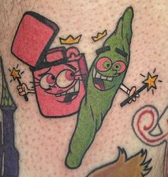 an image of cartoon tattoos on the back of a man