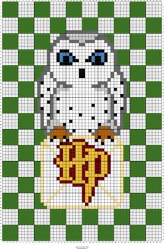 a cross stitch pattern with an owl holding a cup