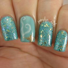 “Here is 'Jasmine' by @sincerelypolish - a beautiful blend of gold and turquoise glitters in a pearly base. One coat over @chinaglazeofficial 'For Audrey'.…” Disney Princess Nail Art, Princess Nail Art, Jasmine Nails, Disney Princess Nails