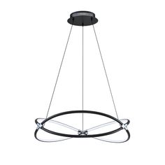 a black chandelier with two circular lights hanging from it's center point