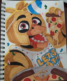 a drawing of a bear eating pizza with the word let's eat written on it