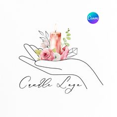 a drawing of a hand holding a pink candle with flowers on it and the words candle log written in cursive writing