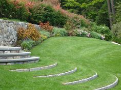 an outdoor garden with stone steps and grass