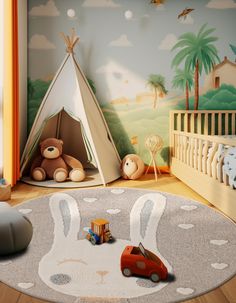 a child's bedroom with a teepee tent and toy cars on the floor