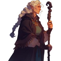 an old woman with white hair is holding a stick and wearing a long black coat