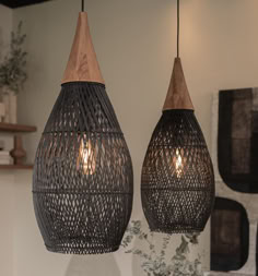 two hanging lights made out of woven material