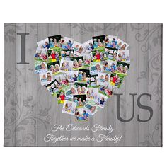 a heart shaped photo collage with the words, i love you and family on it