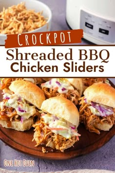 The best easy sandwich, potluck or picnic food is Hawaiian rolls stuffed with pulled chicken that's juicy, saucy, and moist enough to eat on its own - our BBQ chicken sliders fit the bill perfectly! We've designed this easy chicken sliders recipe featuring crockpot roasted chicken cooked in homemade BBQ sauce. These crowd-pleasing barbecue sliders are hand-held mini sandwiches stuffed with the saucy, moist pulled chicken, topped with creamy coleslaw, and perfect for parties, game-day, or easy Bbq Chicken Sliders With Coleslaw, Crockpot Sliders Hawaiian Rolls, Bbq Chicken Sandwich With Coleslaw, Pulled Chicken Sliders Recipes, Barbecue Sliders Hawaiian Rolls, Barbeque Chicken Sliders Hawaiian Rolls, Crockpot Chicken Sliders Recipes, Bbq Chicken Sliders Crockpot, Bbq Sliders Recipes Hawaiian Rolls