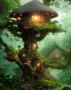 a tree house in the middle of a forest with lots of trees and lights on it