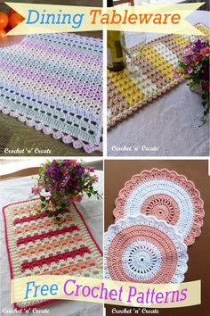 crocheted tablecloths and placemats are featured in this collage