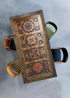 an overhead view of a table and chairs