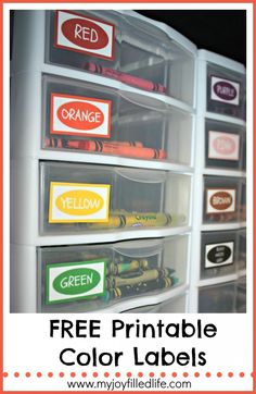 the free printable color labels for crayons are organized in plastic bins