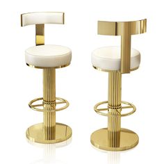 two white and gold bar stools with arms on each side, against a white background