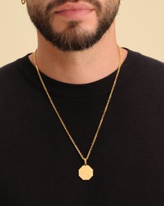 Modern and minimal. The gold Combine Pendant is a versatile piece to add to your collection, perfect to elevate any look, day or night. This men's pendant has eight sides and tapered edges for a clean geometric design. Gold Tag, Gold Cuban Link Chain, Solid Gold Chains, Silver Shop, Mens Pendant, Cuban Link Chain, Engraved Items, Men's Rings, The Gold