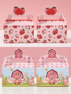 two pink boxes with farm animals and strawberries on them