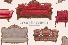 an assortment of couches and chairs in various styles, from victorian to 19th century