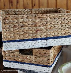 two wicker baskets stacked on top of each other