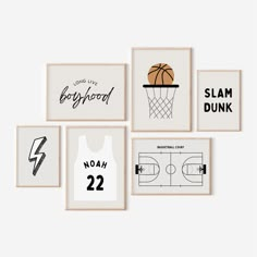 four framed basketball posters with different sports related items on them, all in black and white